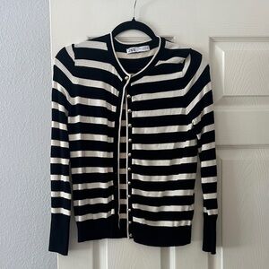 Zara Black and White Striped Crewneck Cardigan with Gold Buttons